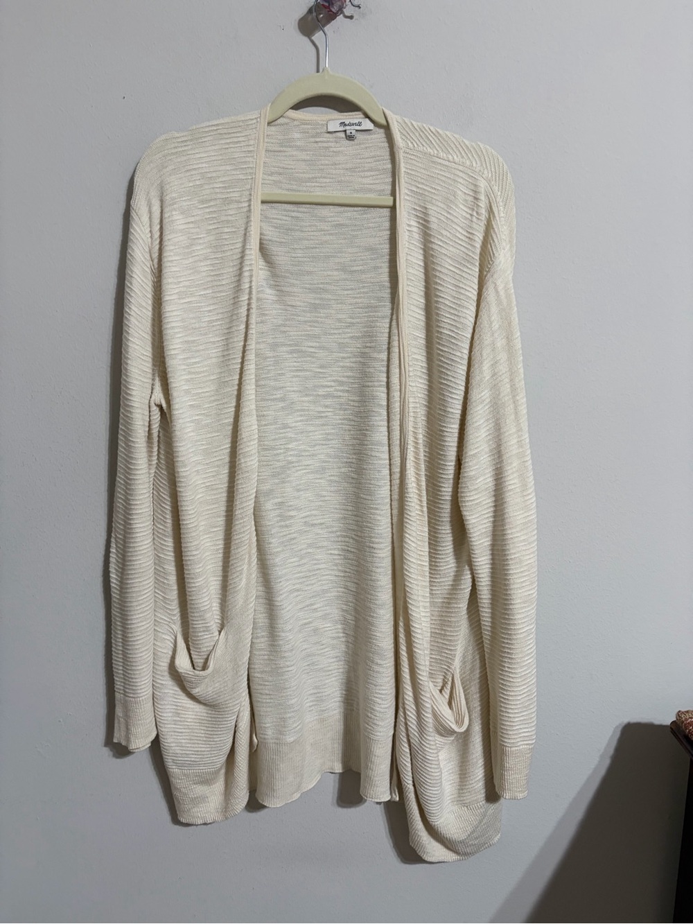 Madewell Summer Ryder Cardigan Sweater Stripe Pearl Ivory Open-Front Pocket SZ M - Picture 9 of 13